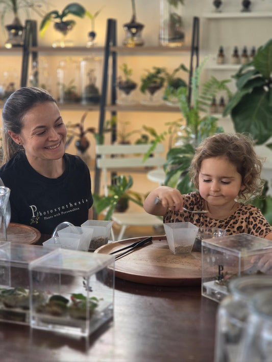 A parent and child layering a terrarium together in the Photosynthesis studio